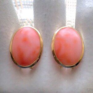 Vintage Solid 14K 585 Gold Bezel Set Angel Skin Pink Coral Omega Back EARRINGS